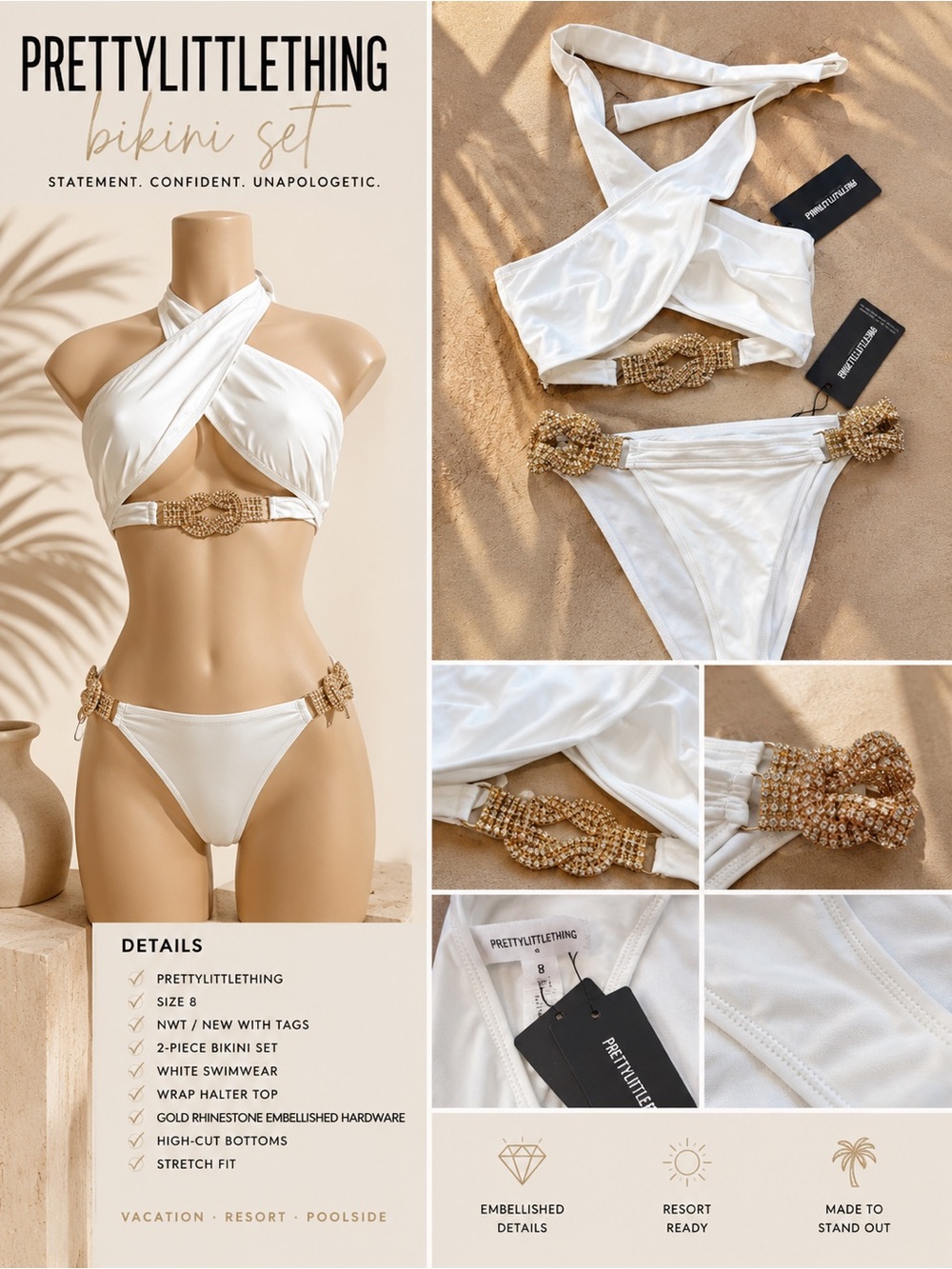 PrettyLittleThing White Embellished Wrap Halter Bikini Set with Gold Accents